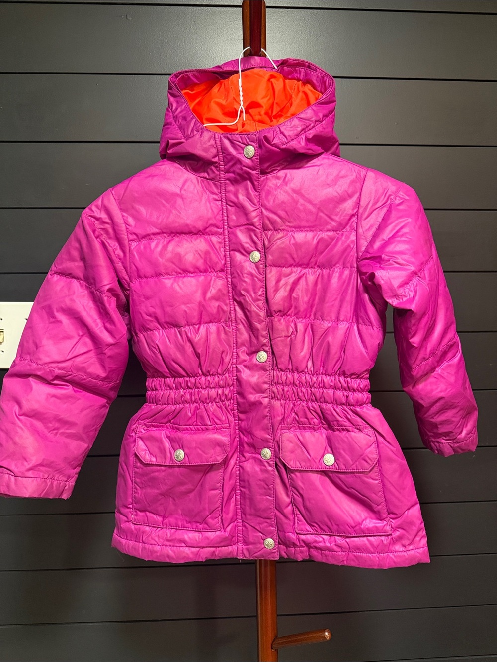 Hanna Andersson Bright Pink Kids Hooded Puffer with Orange Lining